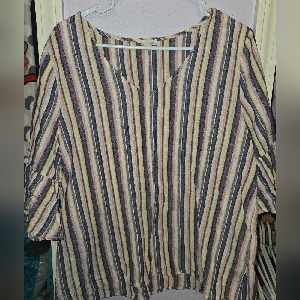 Multicolor Striped V-Neck Blouse Women Large
